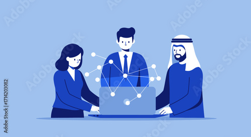 Flat design collaboration: diverse business team networking around laptop