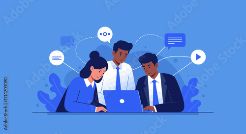 Team collaboration concept with diverse professionals in a flat style office setting