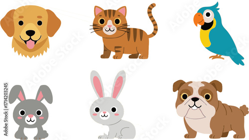 vector pack of different pet breeds, golden retriever, tabby cat, parrot, rabbit, and bulldog