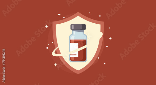 Protective shield around medicine bottle with stars on red background