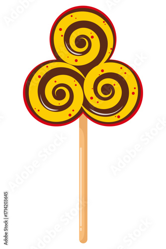 Chocolate sucking candy with marmalade on wooden stick. Isolated big lollipop with spiral decor. Vector color drawing candy for design of kindergarten, shop, cafe, holidays. Symbol joy and childhood
