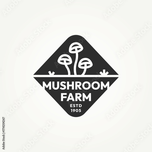 minimalist mushroom farm simple line art badge icon logo vector illustration design