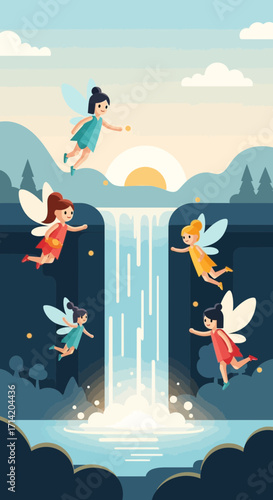 Fairies fly near a waterfall at sunset in a forest.