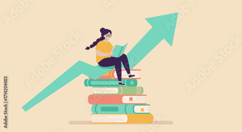 Growth in education: woman reading on book stack with upward arrow chart
