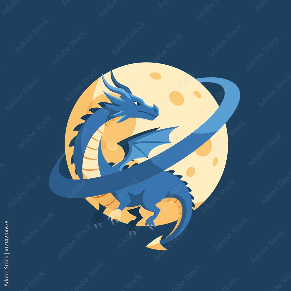 Fototapeta premium Blue dragon encircles a yellow moon against dark blue background.