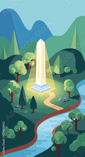 Illuminated waterfall in a serene forest landscape with a winding river.