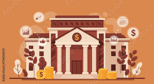 Flat design bank building with financial icons and gold coins on orange background