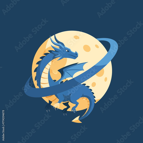 Blue dragon encircles a yellow moon against dark blue background.
