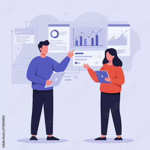 Modern Flat Illustration Business People Discussing Data Analytics Information