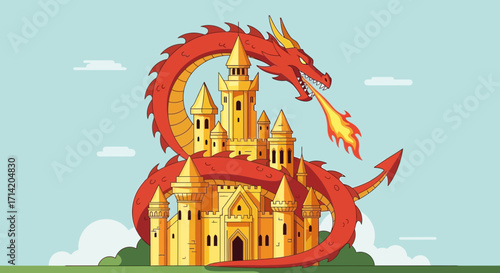 Dragon breathes fire on a fantasy castle under a cloudy sky.