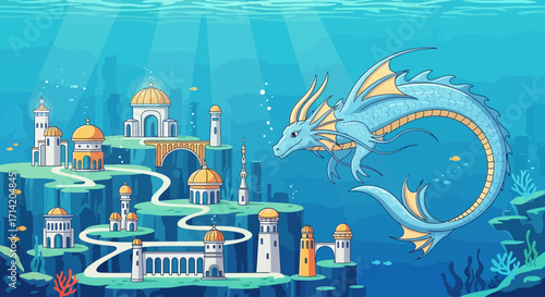Underwater city with mythical sea creature and coral reefs.