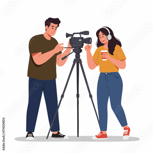Modern Flat Style Two People Behind the Scene Filmmaking Industry Illustration