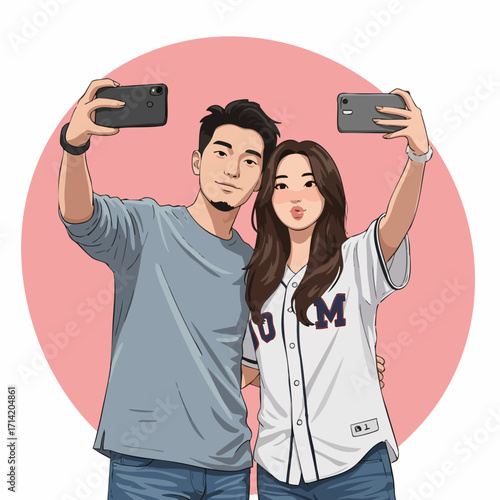 Flat Cartoon Style Happy Couple Taking Selfie Together With Smartphone