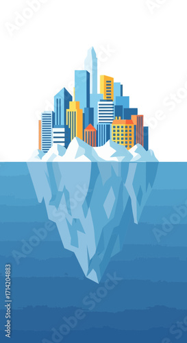 Cityscape on an iceberg in blue ocean water.