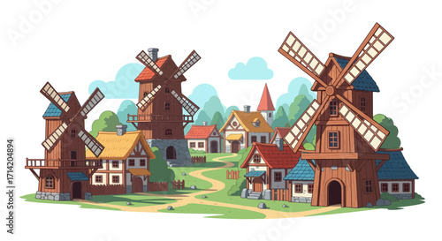 Cartoon village with windmills and houses under a blue sky.