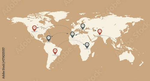 Global connectivity and shipping routes on world map