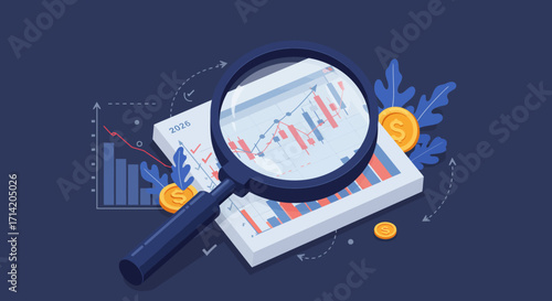 3d magnifying glass analyzing financial graphs with coins and trend arrows