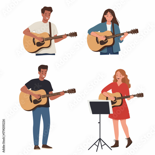Flat Illustration Group Playing Acoustic Guitar Performance Musical Instrument