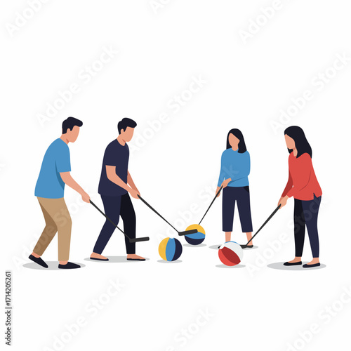 Flat Illustration People Playing Croquet with Mallets and Balls Together