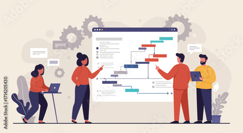 Team collaboration on project management flowchart in modern office setting