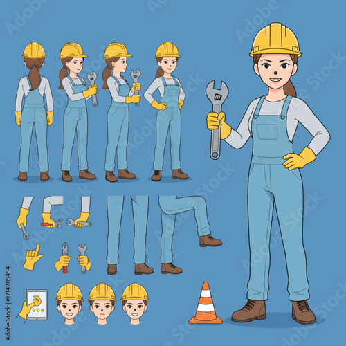 Industrial technician worker wearing helmet, overall uniform holding wrench tool. Character for animation. Front, side and back view set. Body parts, postures, poses collection. Vector illustration.