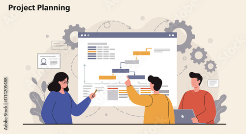 Collaborative teamwork in project planning with gantt chart display
