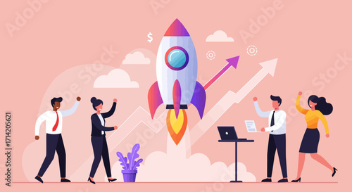 Rocket launching with team of diverse business professionals celebrating success in minimalist flat design