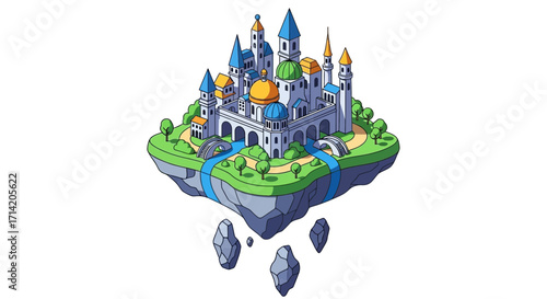 Fantasy floating island with a castle and lush greenery.