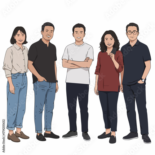 Flat Illustration Diverse Group of Young Adult People Standing Together