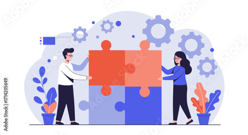 Teamwork concept with people assembling puzzle pieces and gears in flat design