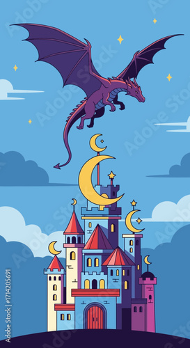 Dragon flies over a fantasy castle under a crescent moon.