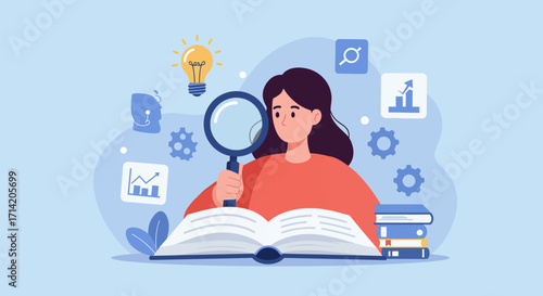 Woman using magnifying glass to study and analyze data in educational concept art