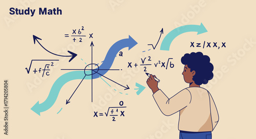 Mathematics concept art with equations, graphs, and calculations in minimalist style