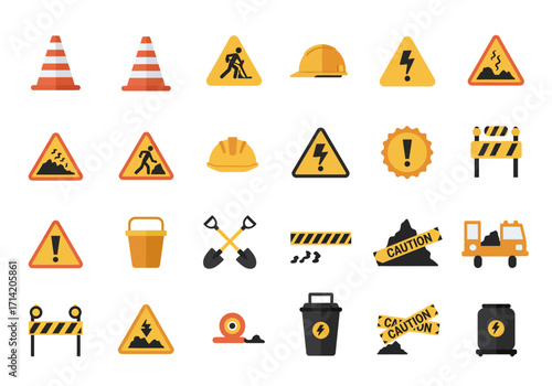 A collection of construction safety symbols arranged in rows on a white background