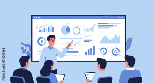 Business presentation with data analysis charts in modern office setting