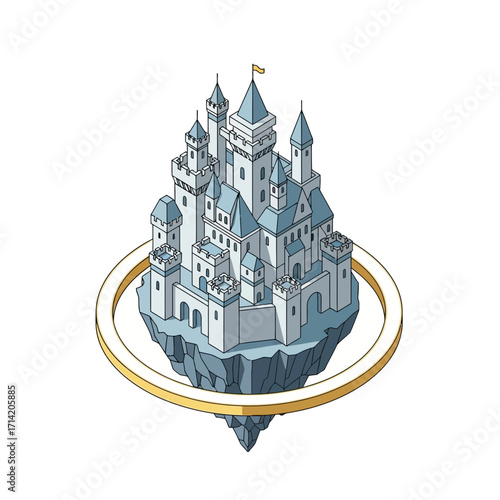 Fantasy castle on floating island with golden ring.