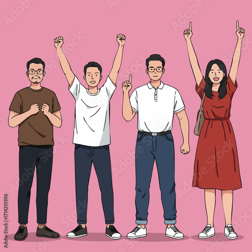 Flat Illustration of Group of People Demonstrating with Raised Hands Crowd