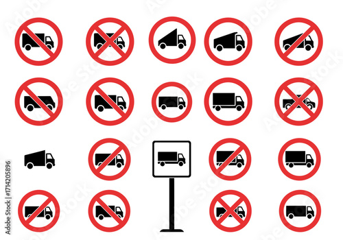 A collection of road signs featuring trucks some with red circles indicating prohibitions
