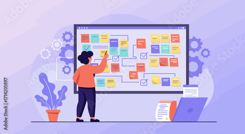 Project management concept with task planning and workflow strategy on digital board