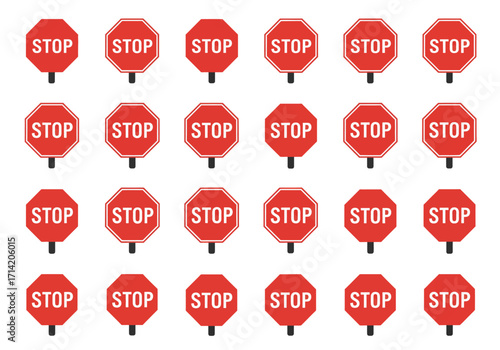 A grid of twentyfour red and white stop signs on a white background