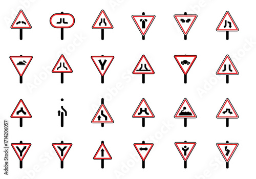 An array of 21 triangular road warning signs black  red on white showing intersections merge points  potential hazards
