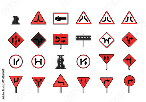 An array of 21 road signs featuring various shapes and symbols indicating different traffic conditions or rules