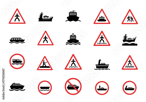 An array of boatingrelated warning and informational signs in black and red