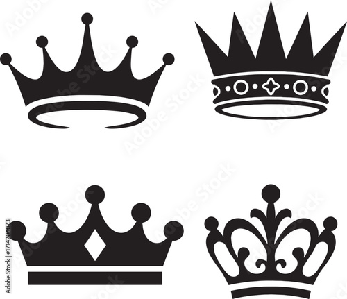 Black and white silhouette of Royal King and Queen Crown Designs on White Background