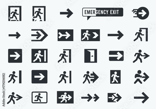 An array of emergency exit  directional signs shown in black on a light background