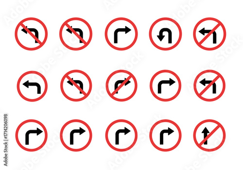An array of fifteen red circular road signs depicting various directions with right left or upward arrows some crossed out