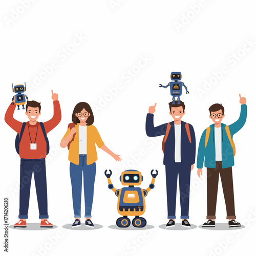 Cartoon Flat Design Group of People with Robot Technology Concept Illustration