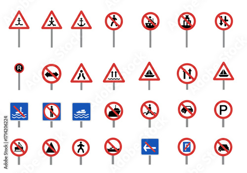 Array of 28 traffic signs varying shapes redbluewhite some prohibiting activities some warning