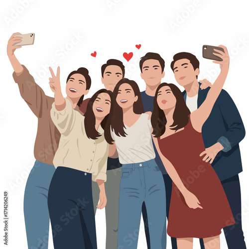 Cartoon Style Group of Friends Taking a Selfie Lifestyle Illustration