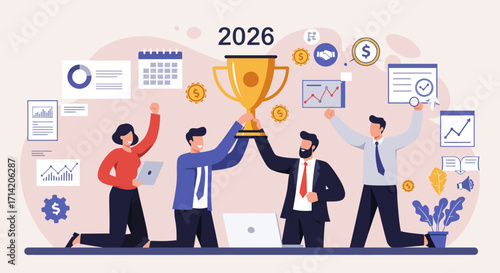 Team celebration with trophy for 2026 success in office setting
